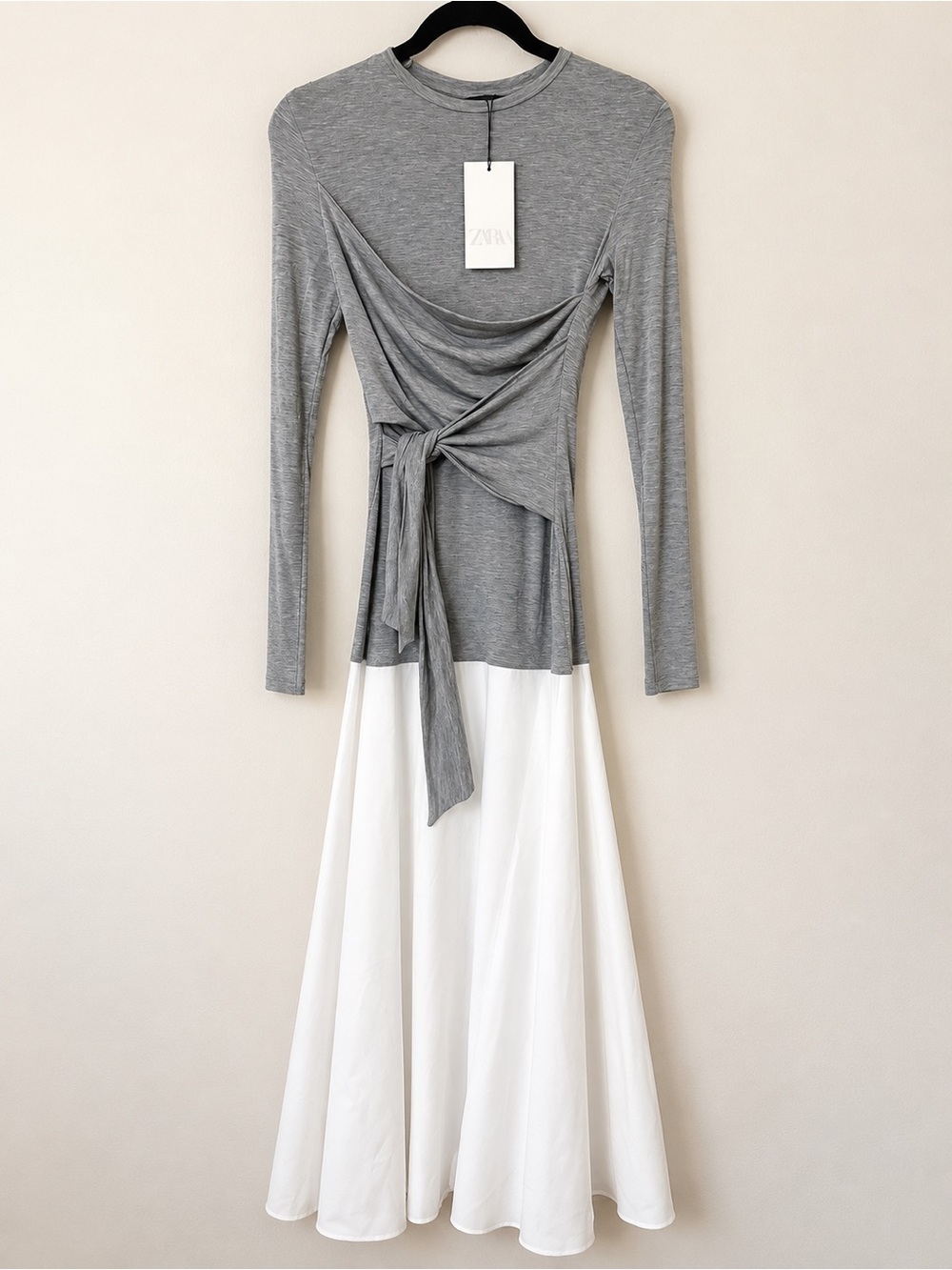 ZARA NWT Gray White Draped Tie Waist Long Sleeve Maxi Dress - Size XS